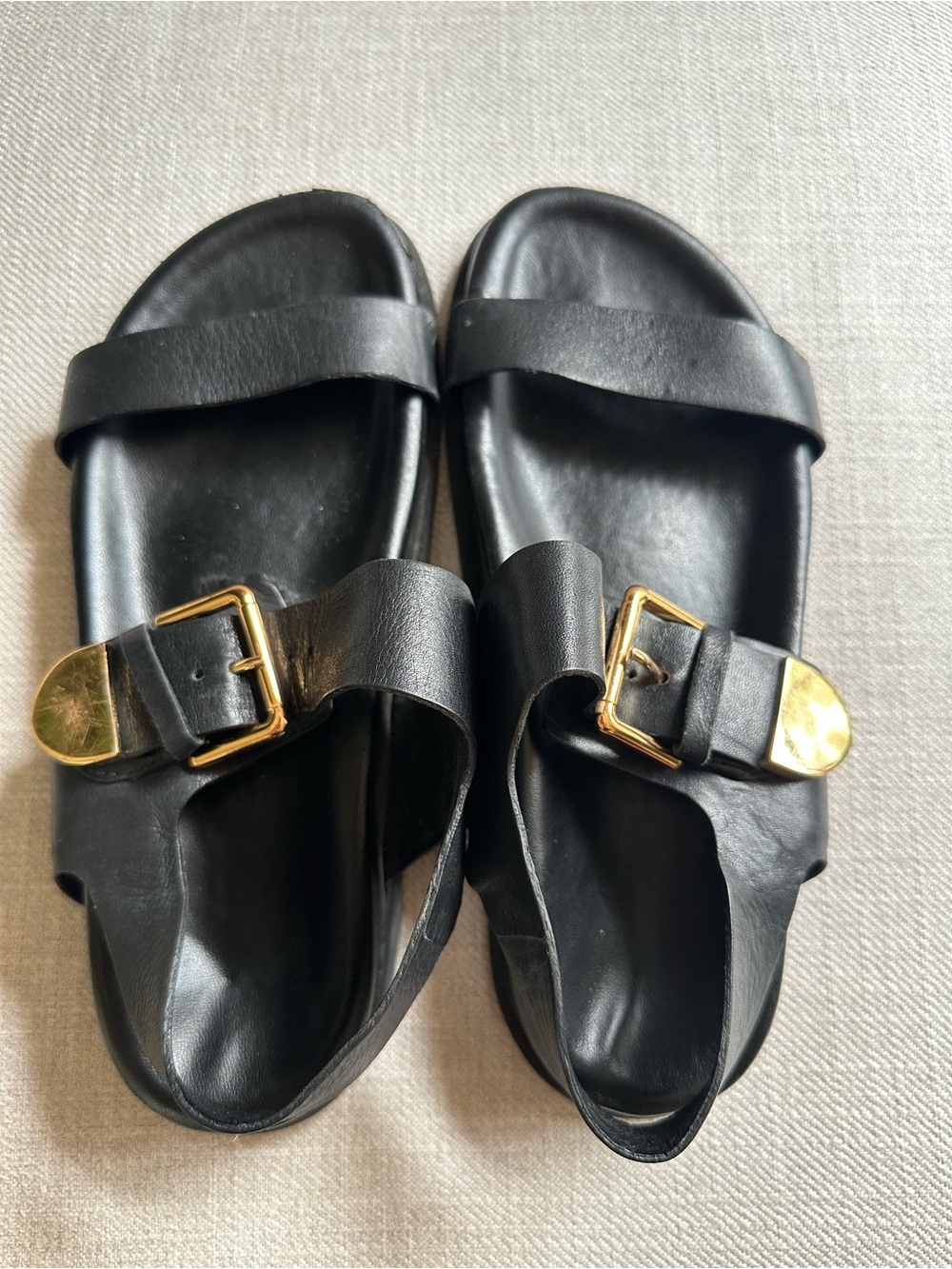 Arezzo Black Leather Minimalist Slide Sandals with Gold Buckle size 38